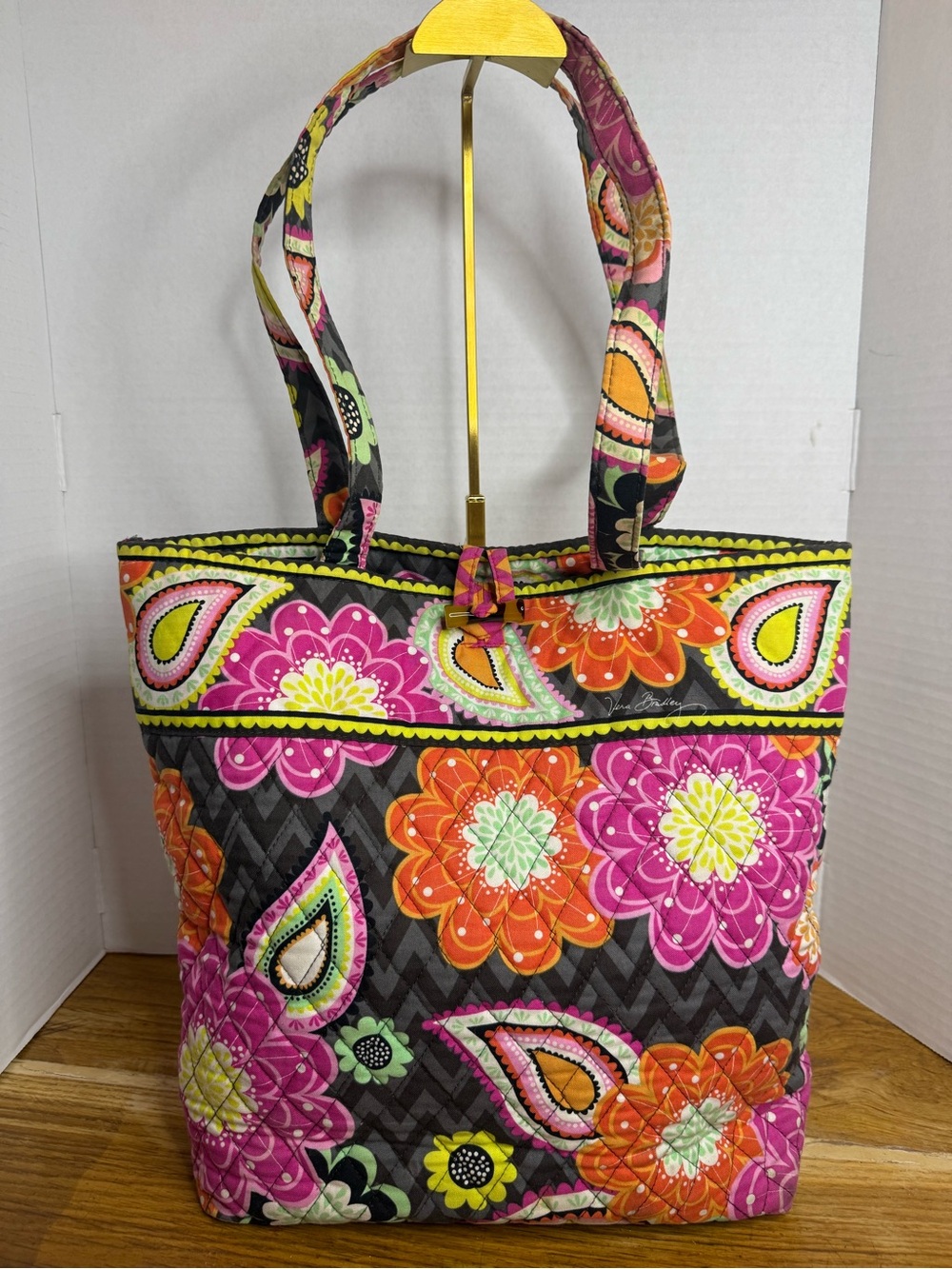 Vera Bradley Flower Shower Quilted Tote Bag GrayPinkOrange Floral Shoulder Purse